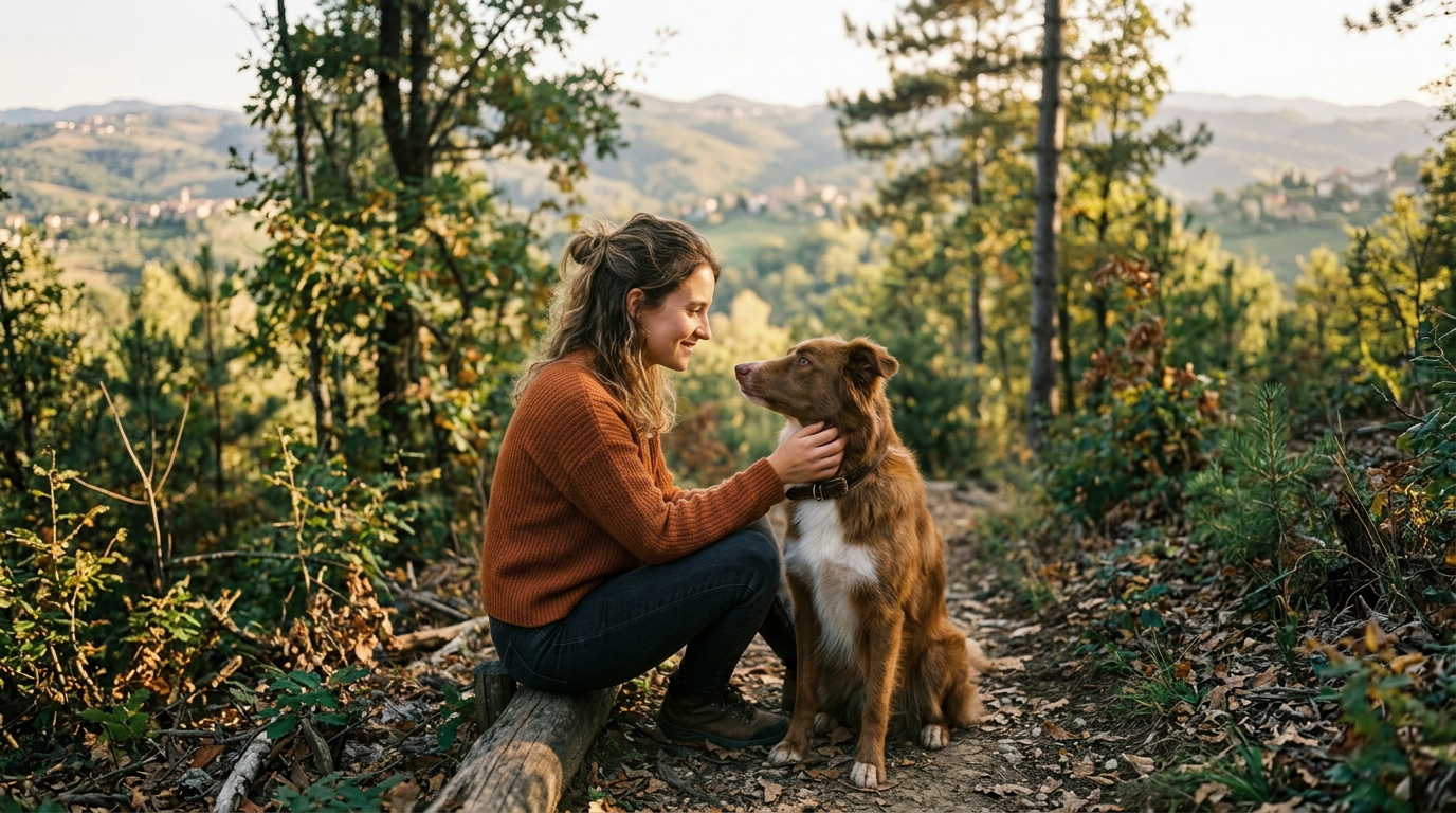 A woman in a brown sweater crouching and petting a brown and white dog on a forest trail