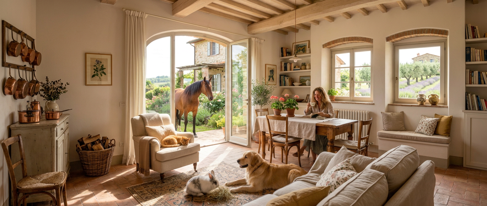 Woman drinking tea indoors with a horse, dog, cat, and rabbit nearby