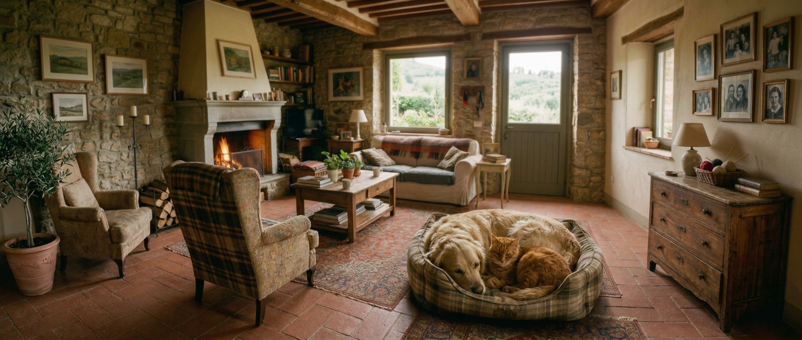 Pony, dog, cat, and rabbit together in a cozy stone cottage living room